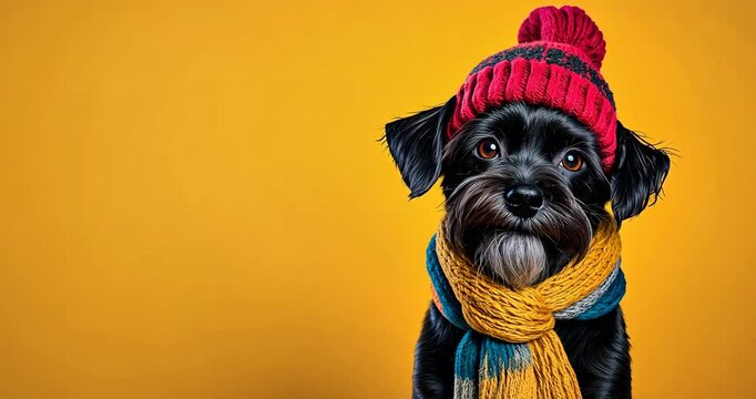Black Schnauzer in Hat and Scarf Posing