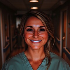 Smiling Female Doctor  Hospital Corridor Portrait  Healthcare Worker