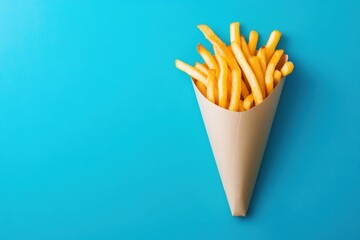Crispy golden french fries in a cone against a vibrant blue background.