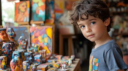 A child hosting a pretend Buenos Aires art tour, showing toy paintings and sculptures to their friends