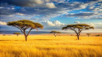 Fototapeta premium Golden grasslands with acacia trees stretching towards the horizon, natural beauty, grasslands, golden grass, sunlit savannah