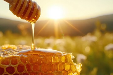 Golden honey dripping onto a honeycomb, bathed in sunset light.