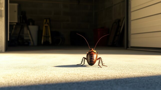 A cockroach on a garage floor, near an open door.