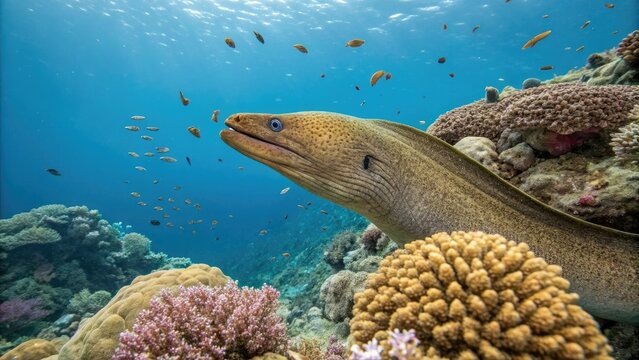 Goldentail moray eel swimming through a coral colony, sea creature, slithery body