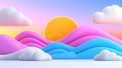 Pastel Sunset Landscape with Soft Hills and Fluffy Clouds