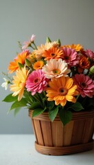 Fototapeta premium Brightly colored flower bouquet in a wooden basket, petals, blooms