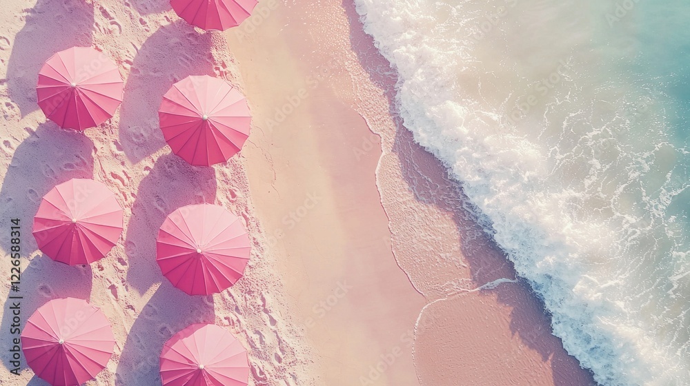 Poster scattered pink umbrellas bring a pop of color to the golden beach, creating a picturesque setting fo
