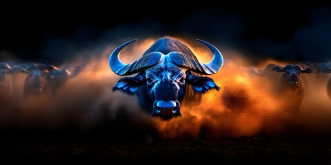 A close-up of a powerful water buffalo charging through a dust cloud, with other buffalo silhouettes in the background. Concept Water Buffalo Charge, Dust Cloud Action, Close-Up Photography