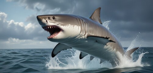 Fototapeta premium Great White Shark breaching the surface with a massive splash, aquatic, creature