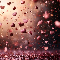 Obraz premium Hearts falling in a romantic scene with glittery confetti and a soft bokeh background