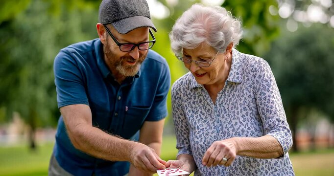 Man Watching Senior Woman Play Hopscotch