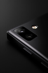 Close-up of a smartphone camera module, showcasing lens detail, reflections, and sleek design. Banner, showcase, advertising background, media.
