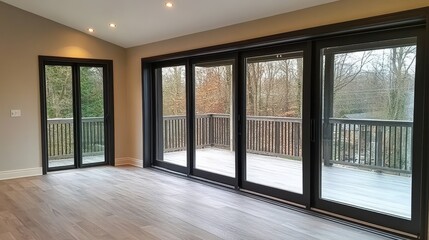 Fototapeta premium Modern Bright Living Room with Large Windows Overlooking Nature