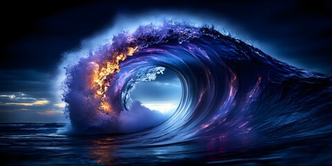 A dramatic ocean wave illuminated in shades of blue and purple, with fiery highlights, creating a stunning visual effect. Concept Dramatic Ocean Waves, Blue and Purple Shades, Fiery Highlights