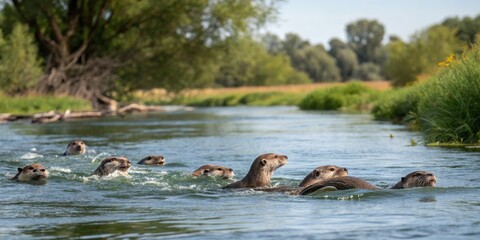 Fototapeta premium group of playful otters swimming in river, otter, otter family, wildlife