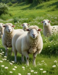 Fototapeta premium Group of white sheep standing together in a sea of lush green grass and flowers, community, unity, herd, landscape, standing