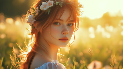 A beautiful woman stands gracefully in a meadow, surrounded by lush greenery and blooming flowers. The concept of serenity, nature’s beauty, and peaceful solitude. Generative AI.
