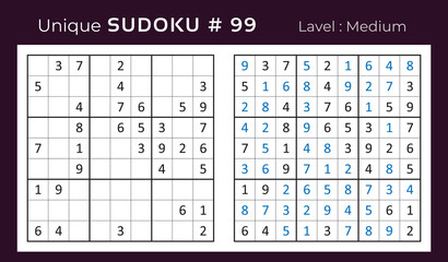 Sudoku puzzle with answer. Educational for kids and adult. Logic puzzle game.