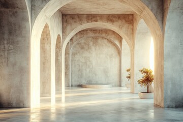 Fototapeta premium Abstract empty interior of modern minimalistic space with concrete walls and floor, bathed in soft daylight, 3D rendering.