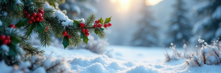 A snowy landscape filled with festive holly and mistletoe, landscape, frost,