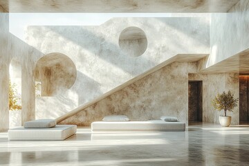 Abstract empty interior of modern minimalistic space with concrete walls and floor, bathed in soft daylight, 3D rendering.