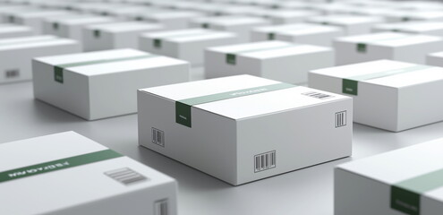 Shipping. A general packing, shipment, and parcel image. A cardboard parcel box, moving on a conveyor belt. Generative AI.
