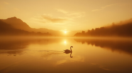 Naklejka premium Serene swan gliding across a misty lake at sunrise with golden reflections 