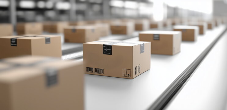Shipping. A general packing, shipment, and parcel image. A cardboard parcel box, moving on a conveyor belt. Generative AI.
