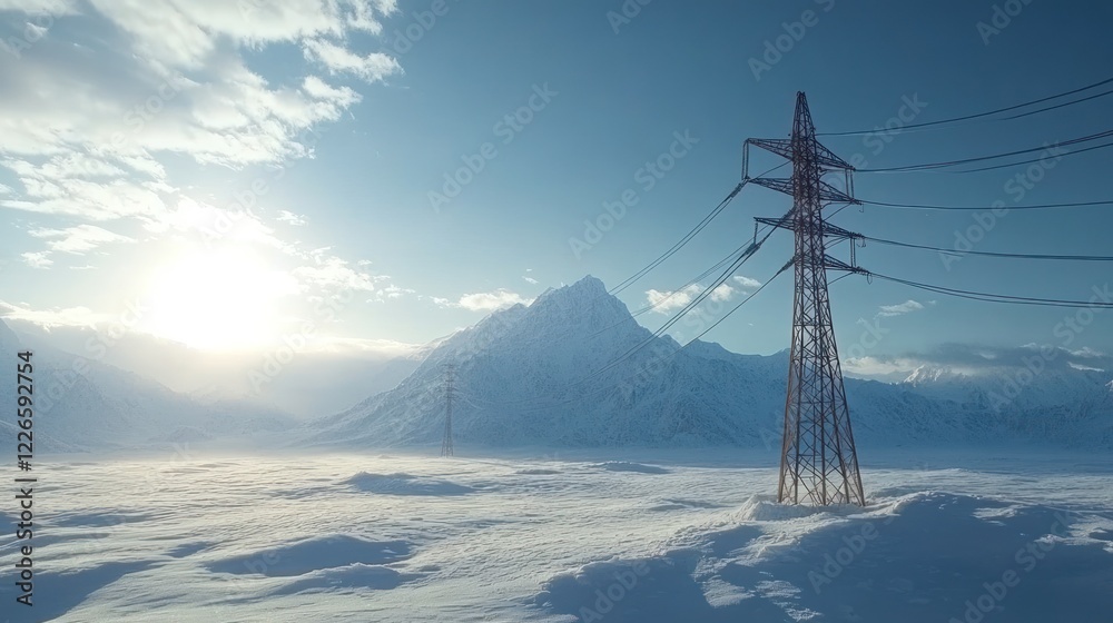 Sticker Snowy landscape with power lines and mountains. Sunlight illuminates a vast expanse of snow-covered terrain, with a metal power pole standing tall amidst the wintry scene, and snow-capped mountains in