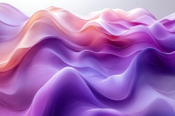 Fototapeta premium Abstract purple and white fluid shapes in 3D rendering, close-up of flowing liquid forms on grey backdrop, smooth curves, surreal digital art style.