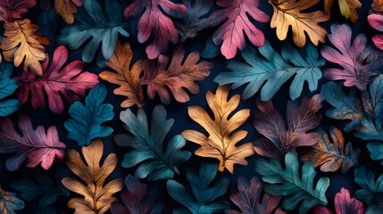 Autumn oak leaves pattern, dark background, fall design, digital art, website banner