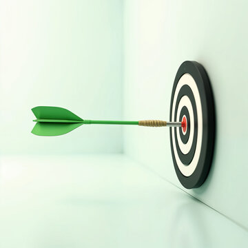 3D arrow in a bold green color hitting a dartboard-style target, showcasing the concept of success. The target has alternating black and white segments, set against a simple white background for cla