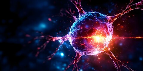 Obraz premium A colorful illustration of a neuron with glowing connections, representing neural activity or brain function. Concept Neuron Illustration, Glowing Connections, Neural Activity, Brain Function