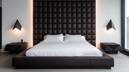 A sophisticated minimalist loft bedroom with a floor-to-ceiling padded leather headboard in a dark espresso shade.