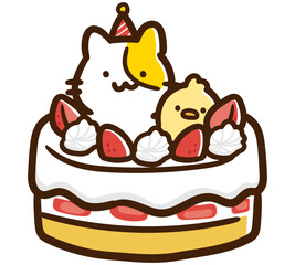 ねことひよこのキャラクターが乗ったイチゴのお誕生日ケーキのデフォルメイラスト © choconasu