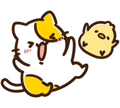 全力で喜ぶかわいいねことひよこのキャラクターのデフォルメイラスト