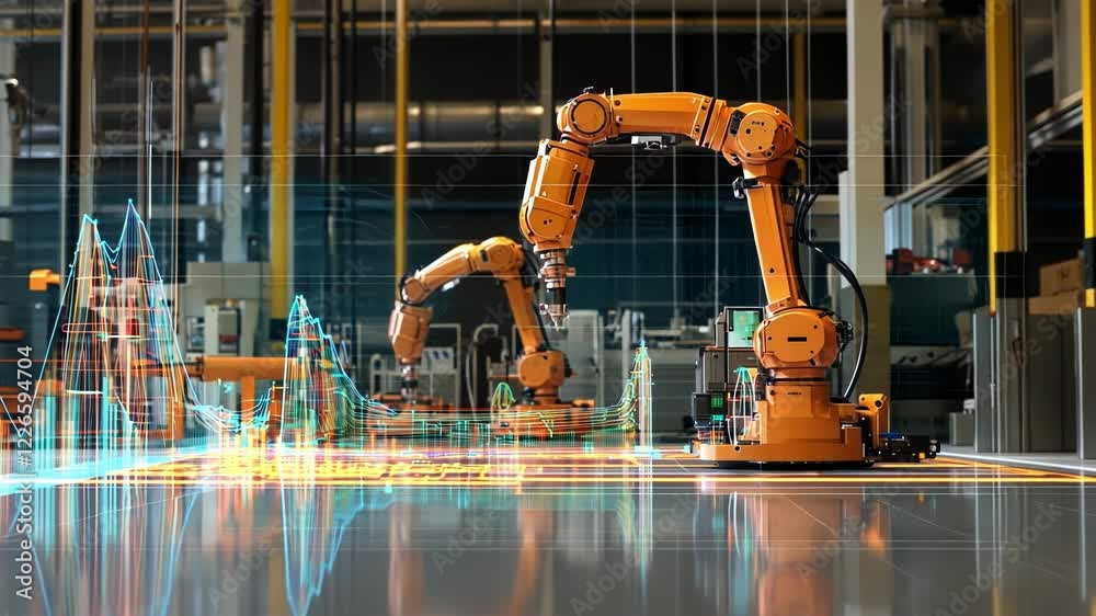 Poster two robotic arms are performing manufacturing tasks in a factory setting, with projected data analys