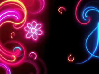 Glowing neon swirls around a central floral pattern with 3D effect, 3D effect, glowing, flowers