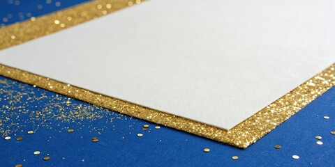 Gold glitter paper on a royal blue background, shiny texture, special occasion decor, festive atmosphere