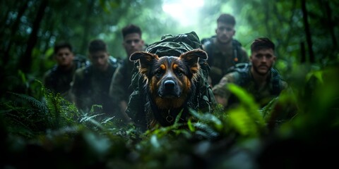 A military dog leading a group of soldiers through a dense forest, showcasing teamwork and resilience in a tactical environment. Concept Military Dog Training, Teamwork in Tactical Operations