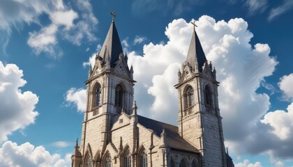 Fototapeta premium Gothic church tower with a clear blue sky and fluffy white clouds, architecture, gothic, nature