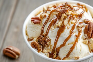 Delicious bowl of vanilla ice cream topped with caramel, nuts, and a rustic wooden background