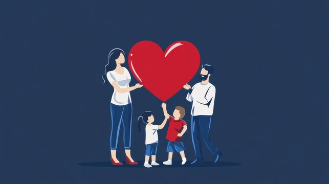 National Good Samaritan Day Family holding heart illustration: mother, father, two children embracing love