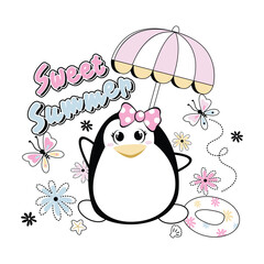 Charming penguin enjoying swimming and playing with friends in a fun vector illustration