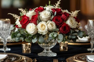 Obraz premium Opulent Red Floral Centerpiece Elegantly Gracing the Room, Adding a Touch of Luxury and Elegance