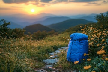 Breathtaking sunrise over mountains with vibrant green grass, lush landscape, and warm sunlight creating an enchanting natural scene.