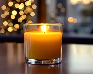 Lit candle in glass jar on wooden table with bokeh lights.