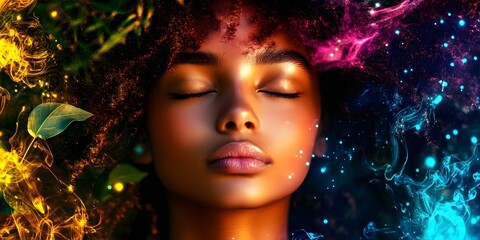 A serene face of a person with curly hair, surrounded by colorful elements resembling flames and water. Concept Serene Expression, Curly Hair, Colorful Flames, Water Elements, Artistic Portrait
