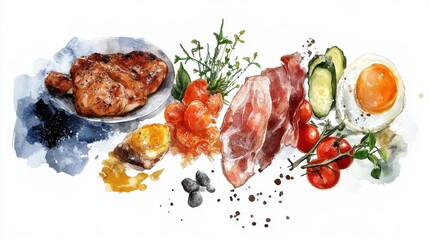 International School Meals Day Watercolor breakfast spread: fried egg, bacon, tomato, avocado, chicken, toast