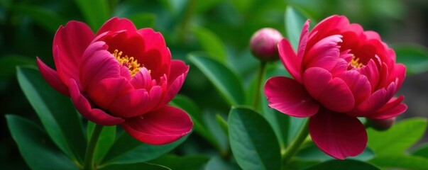 Red peony flowers with intricate details and textures against a backdrop of lush green leaves, botanical, spring